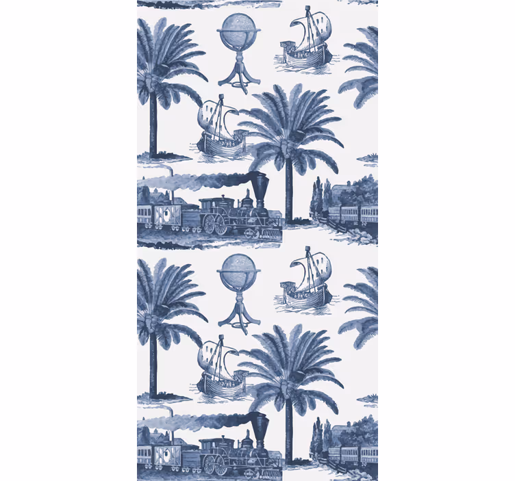 Retro roller blind with palm trees and blue trains - TenStickers