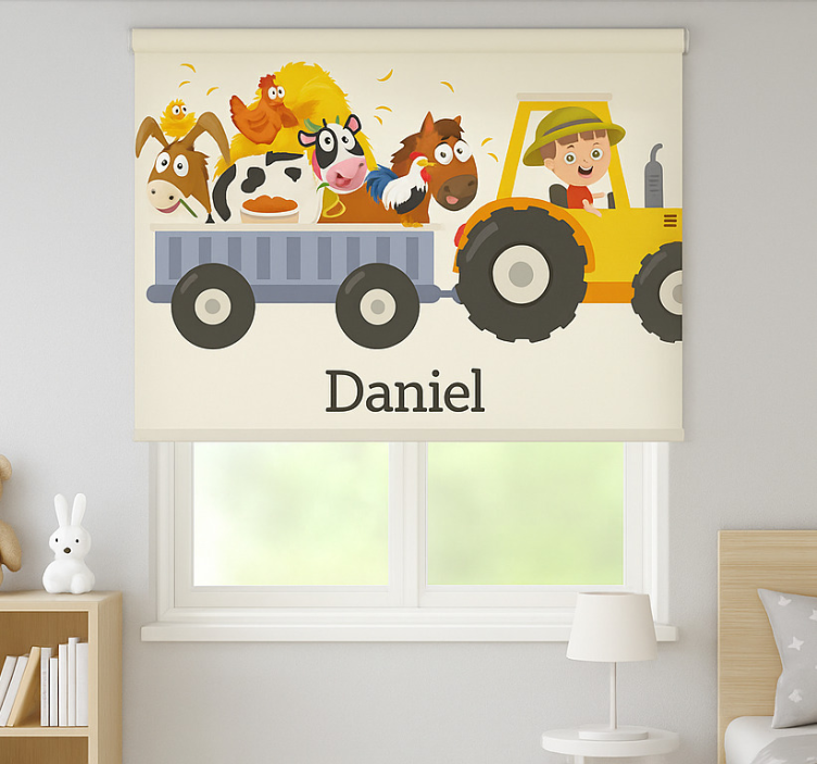 Farm tractor with name customised roller blind - TenStickers