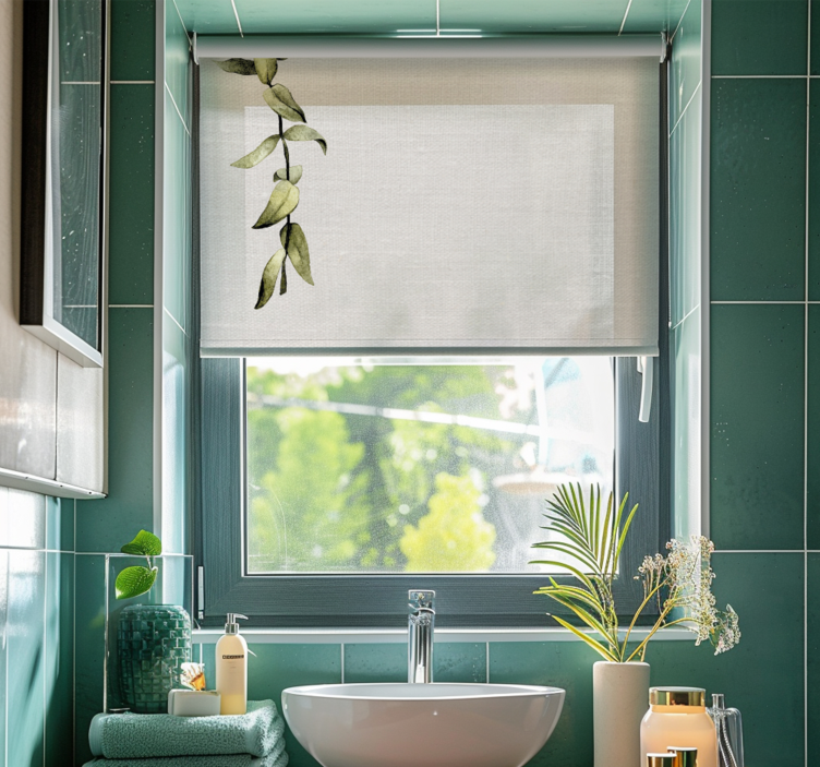 White linen imiation and branch of leaves bathroom blind - TenStickers