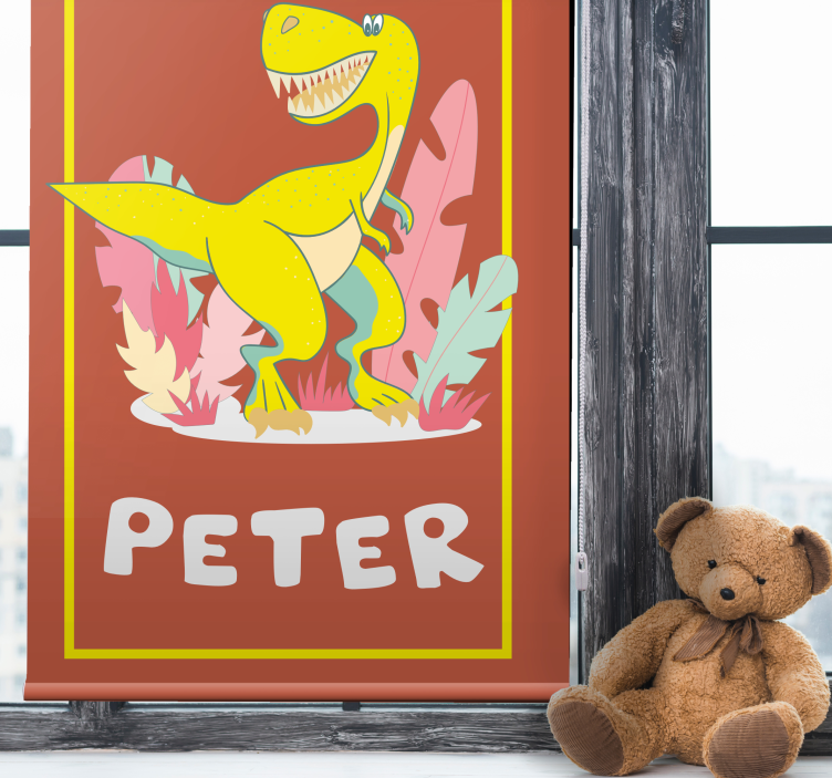 Yellow T-Rex with name dinosaur blind - TenStickers