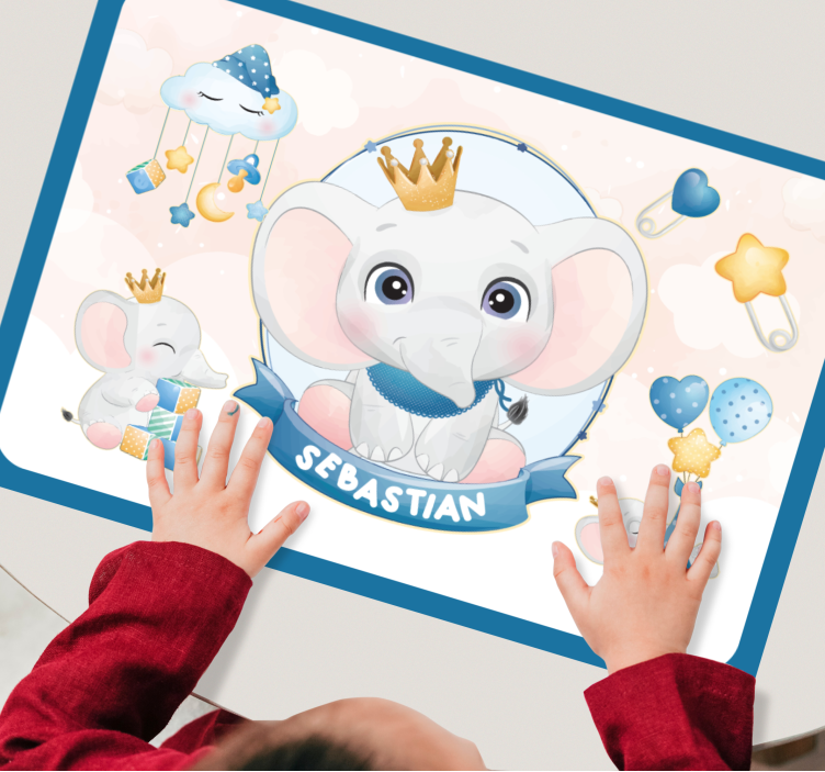 Cute elephant boy with name children placemats - TenStickers