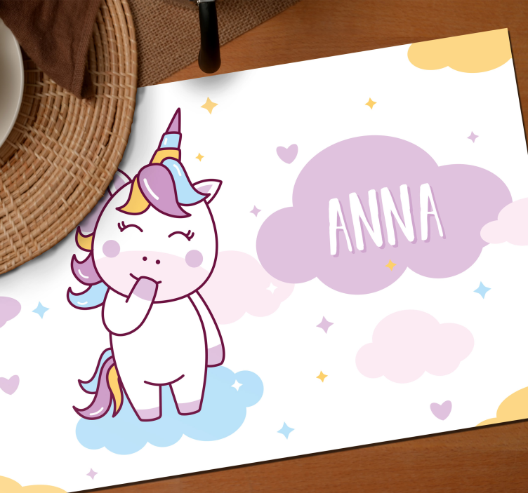 Customised name cute unicorn with clouds kids placemat - TenStickers
