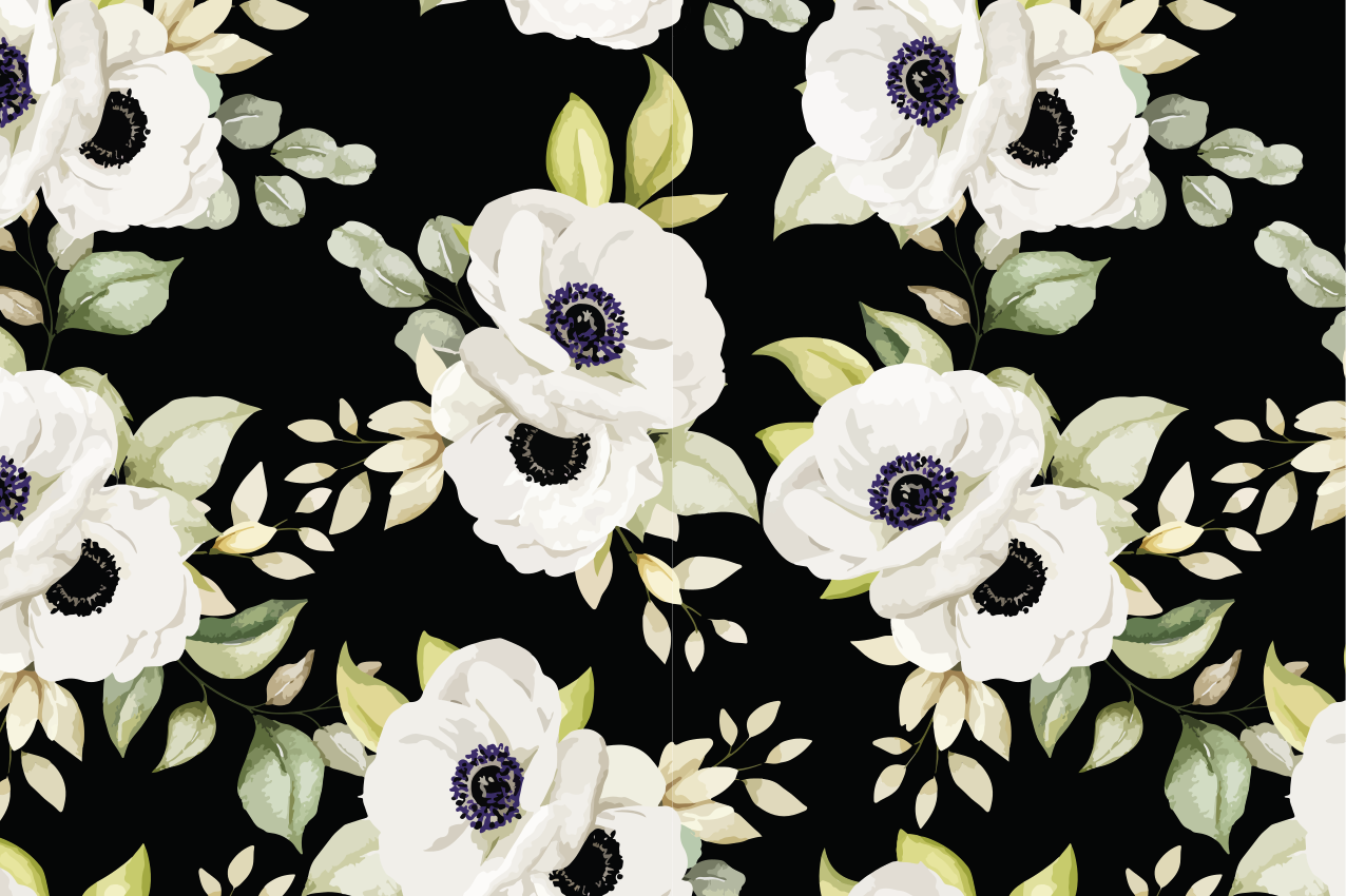 Cute white flowers black background placemats - TenStickers