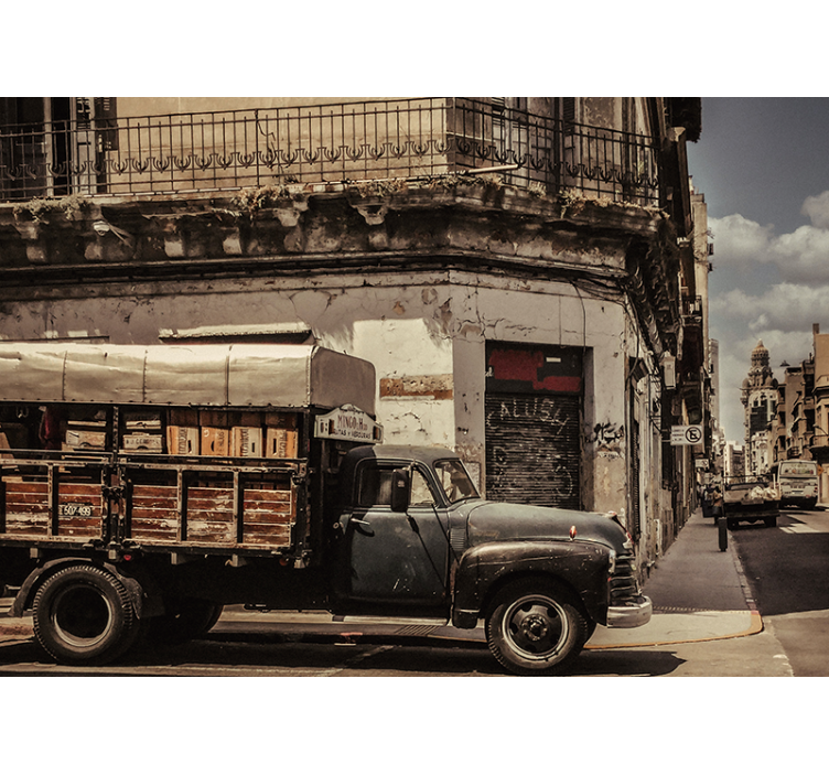 City wall mural vintage truck street scene - TenStickers