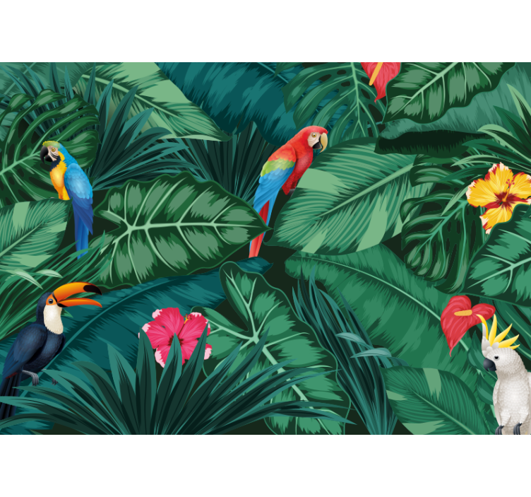 Dining room wall mural tropical birds and flowers - TenStickers