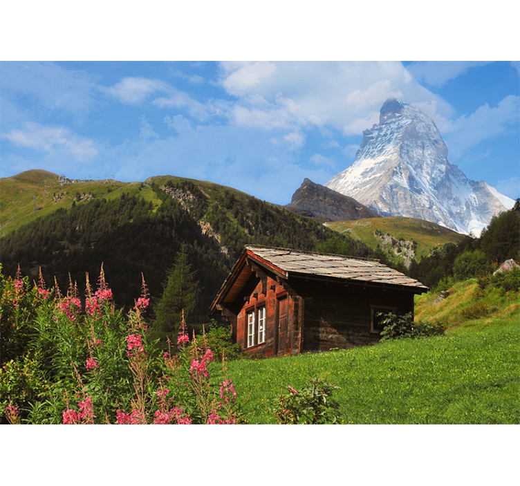 Landscape wall mural mountain lodge scene - TenStickers
