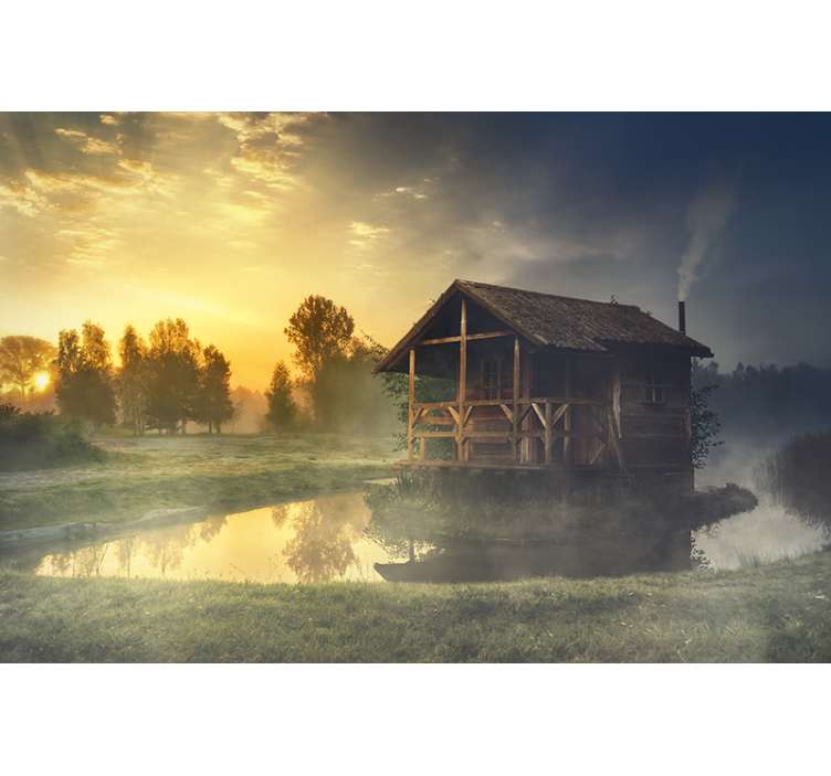Serene cabin sunset landscape wall mural - TenStickers