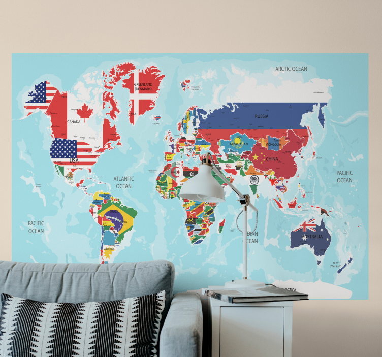 world map with flags world map mural - TenStickers