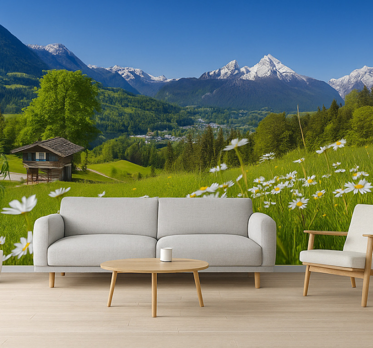 Alpine Chalet in Summer wall mural mountain - TenStickers
