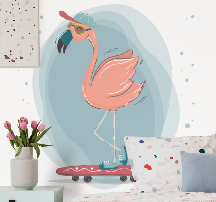 Animals wall mural flamingo skateboarding fun - TenStickers