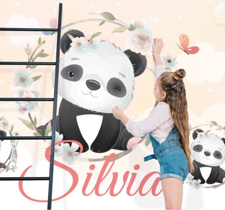 Animals wall mural panda with flowers - TenStickers