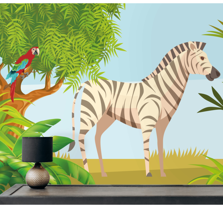 Animals wall mural zebra and parrot scene - TenStickers