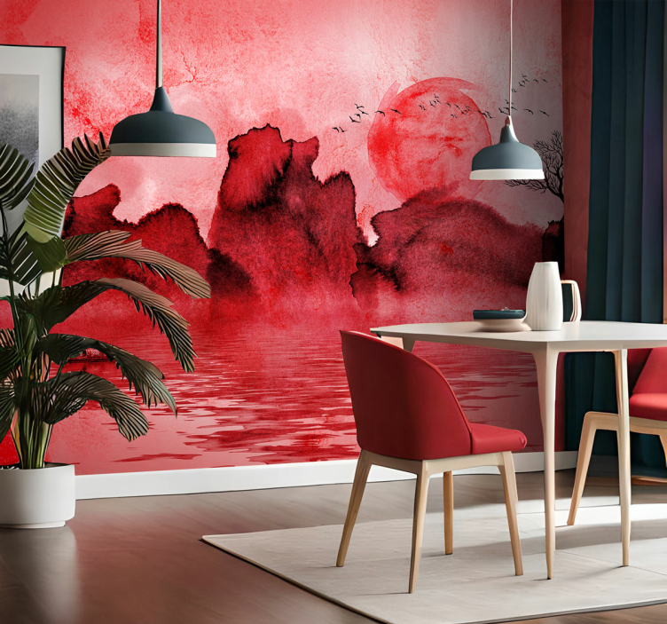 chinese ink landscape Red wall mural - TenStickers
