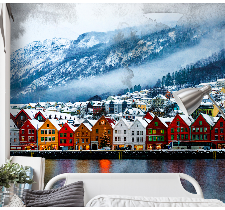 City wall mural colorful lakeside cabins - TenStickers