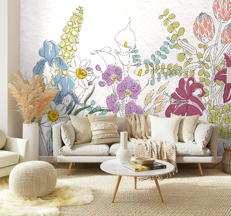 Fleurs dessinées panoramic wall mural - TenStickers