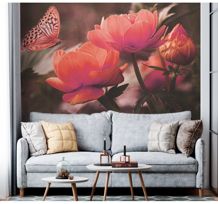 Flower wall mural butterfly over blossoms - TenStickers