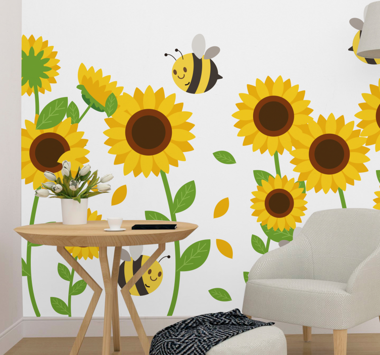 Flower wall mural cheerful sunflowers and buzzing bees - TenStickers