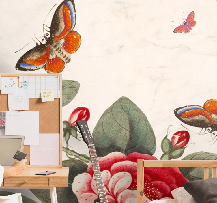 Fluttering insects and blossoms flower wall mural - TenStickers