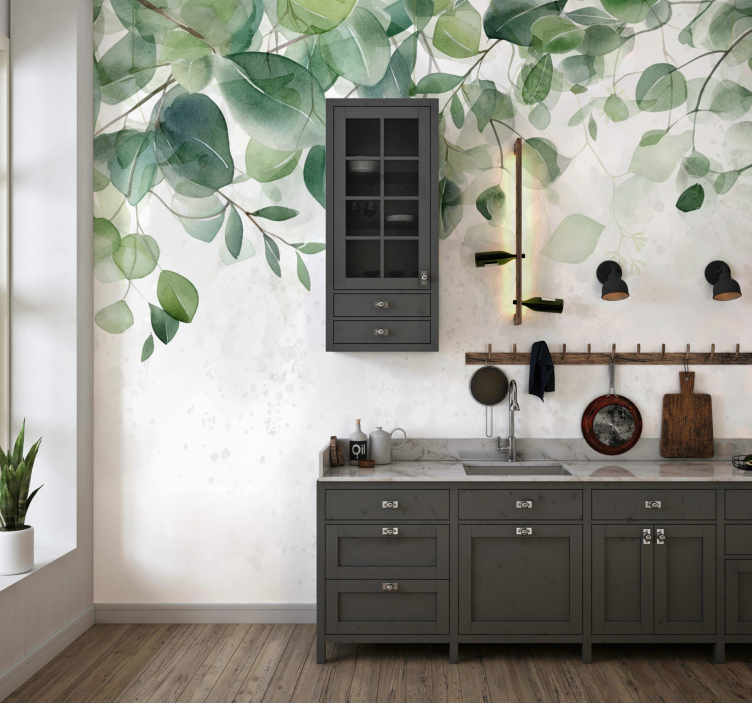 Gentle green twigs wall mural kitchen - TenStickers