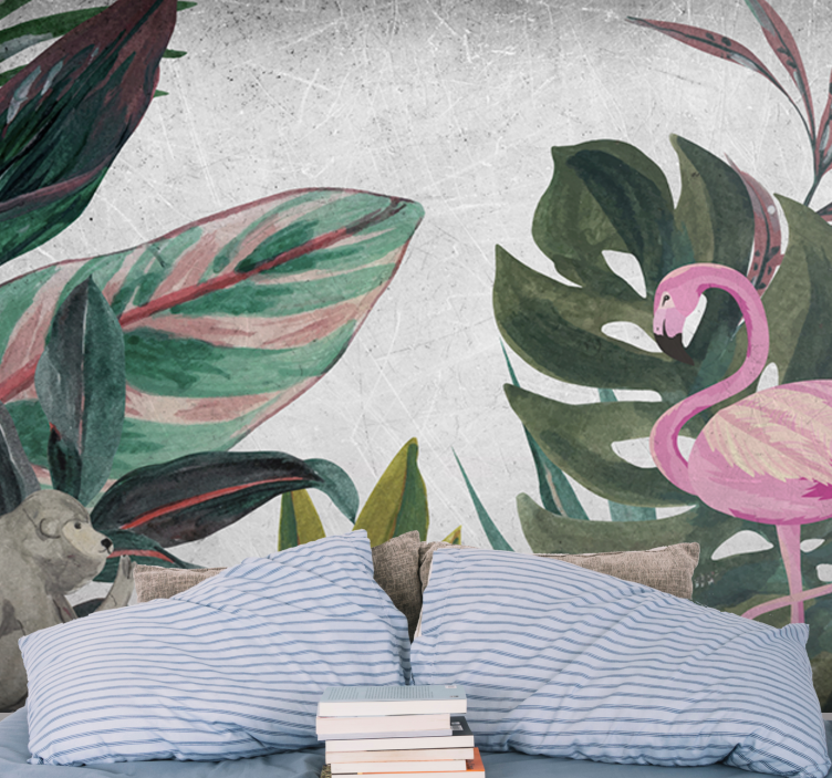 Jungle wall mural flamingo and monkey design - TenStickers