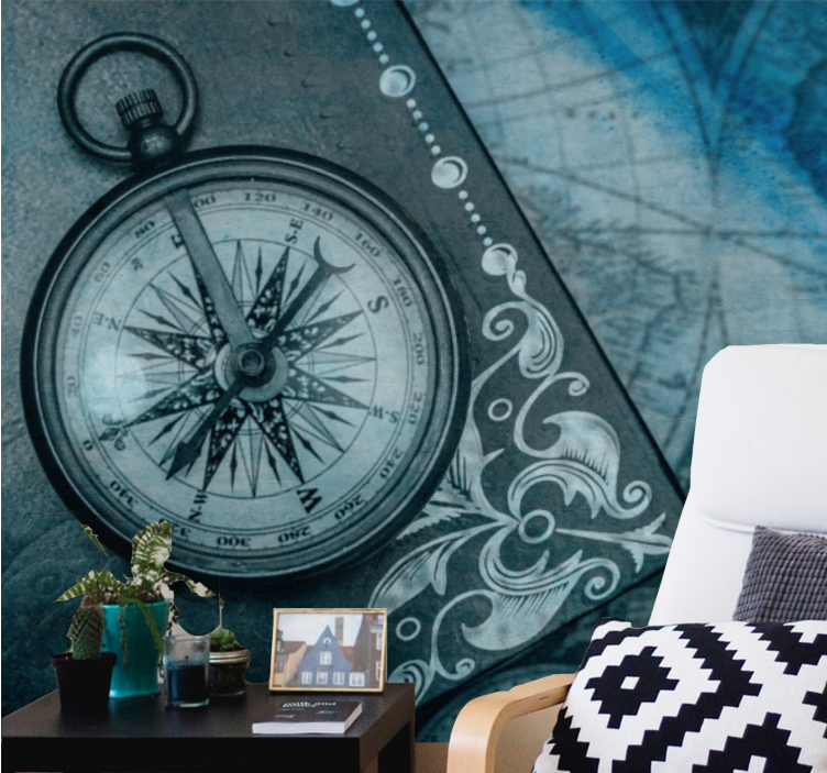 Ornate compass design world map wallpaper - TenStickers