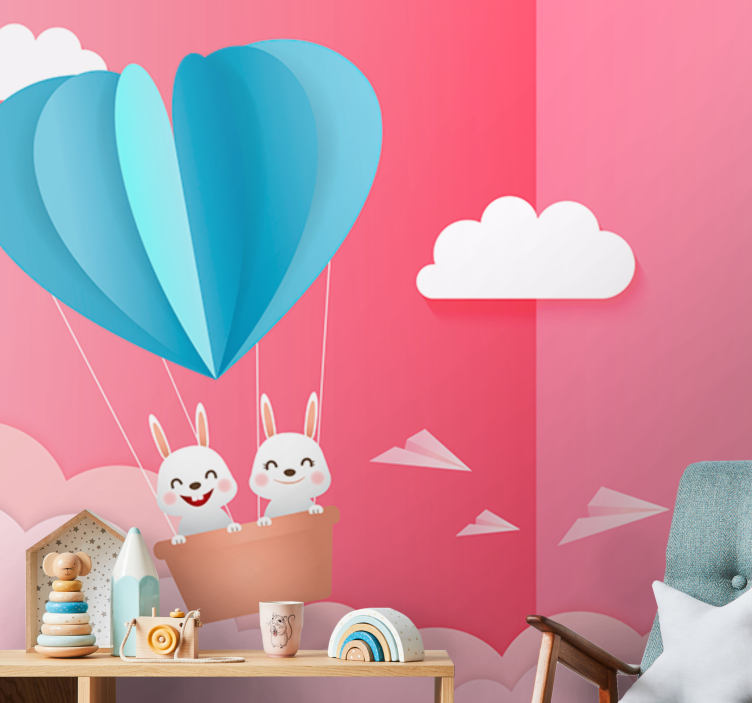 Romantic wall mural with balloons and bunnies - TenStickers