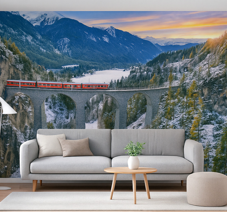 Swiss Train on Landwasser Viaduct wall mural mountain - TenStickers