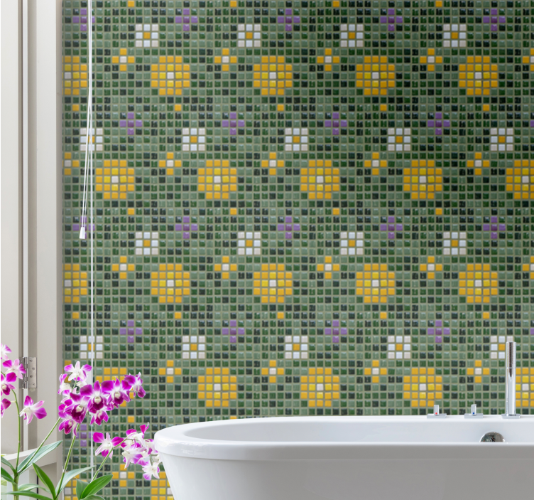 Vibrant tile floral pattern wall mural bathroom - TenStickers