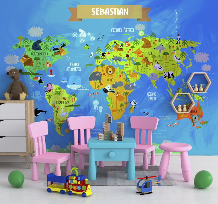 World map with animals wall mural - TenStickers