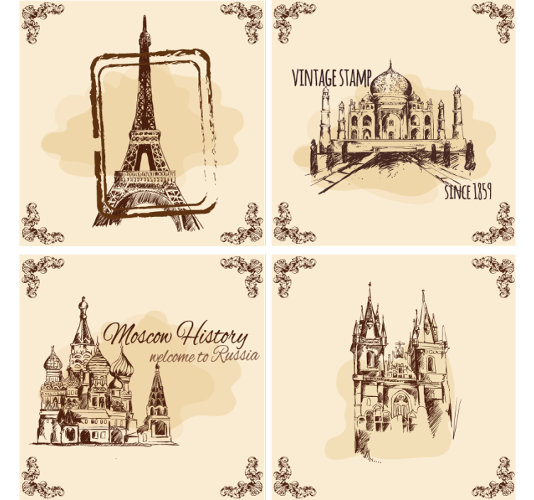 Vintage coasters with historic landmark art - TenStickers