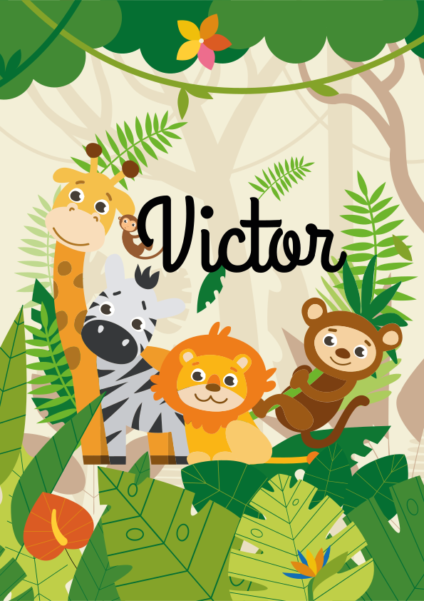 Nursery poster featuring personalized jungle animals - TenStickers