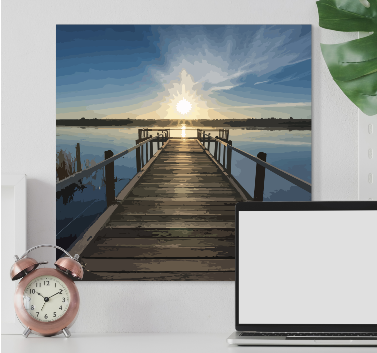 Sunlit lake pier landscape canvas - TenStickers