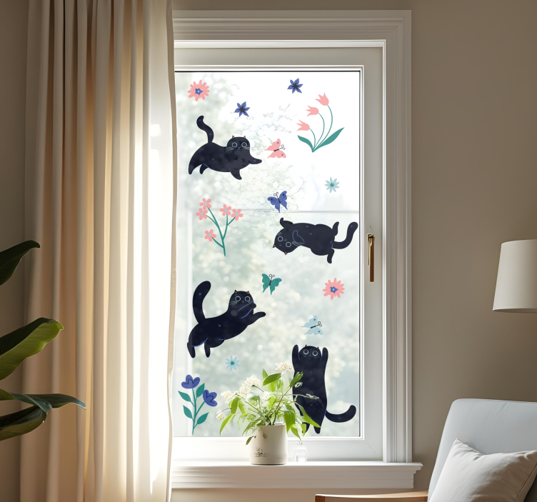 Cats catching butterflies window sticker - TenStickers