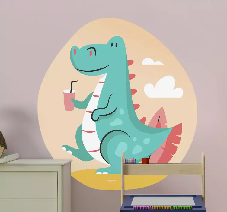 Cheerful Dinosaur Enjoying Beverage kid's sticker - TenStickers