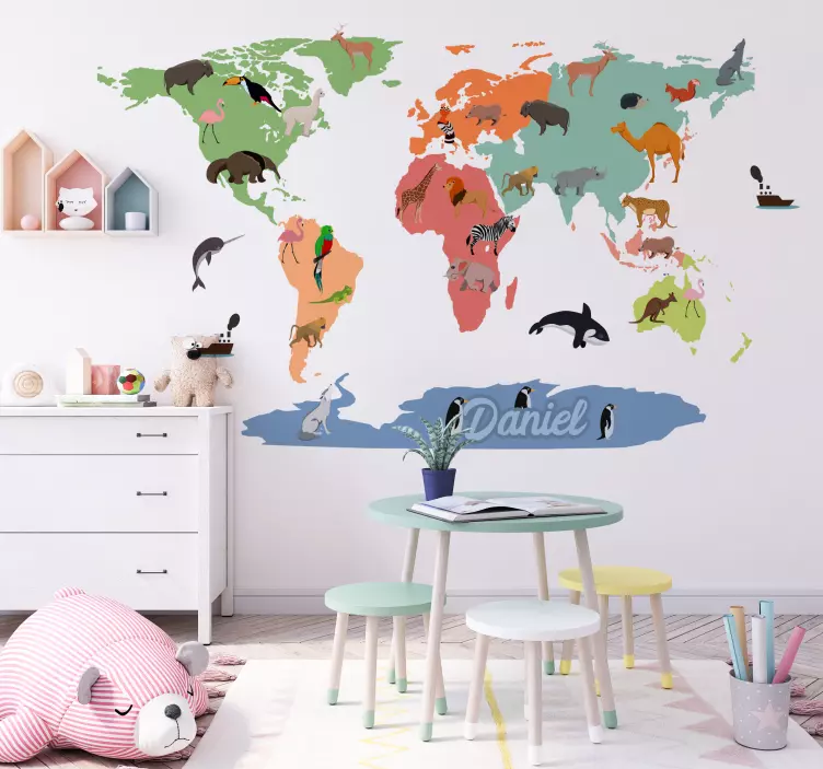 Colorful worldmap with animals educational sticker - TenStickers