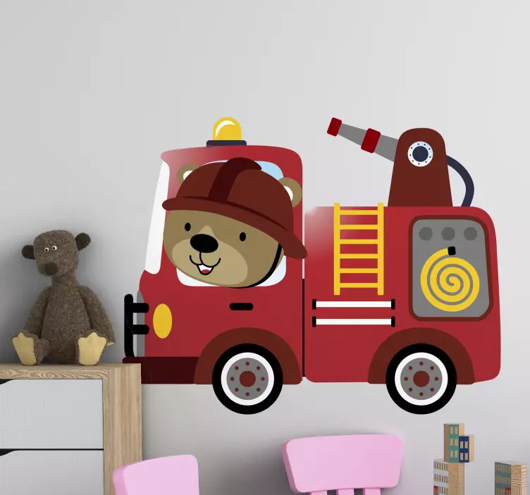 Cute Bear Fire Truck kid's sticker - TenStickers