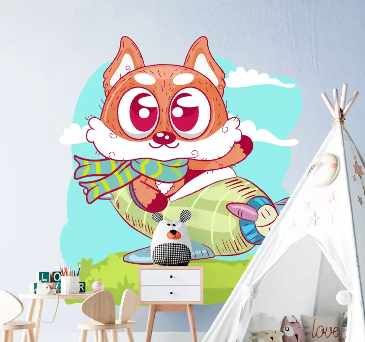 Cute cartoon fox is flying nursery wall sticker - TenStickers