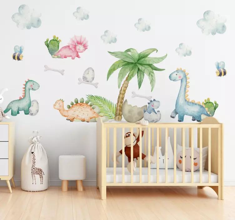 cute watercolor dinosaurs wall stickers children's room - TenStickers