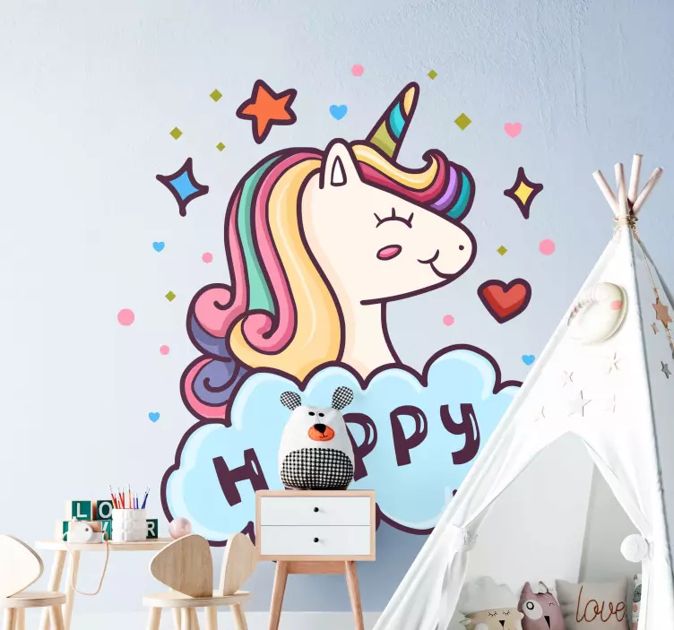 Happy Unicorn Illustration kid's sticker - TenStickers