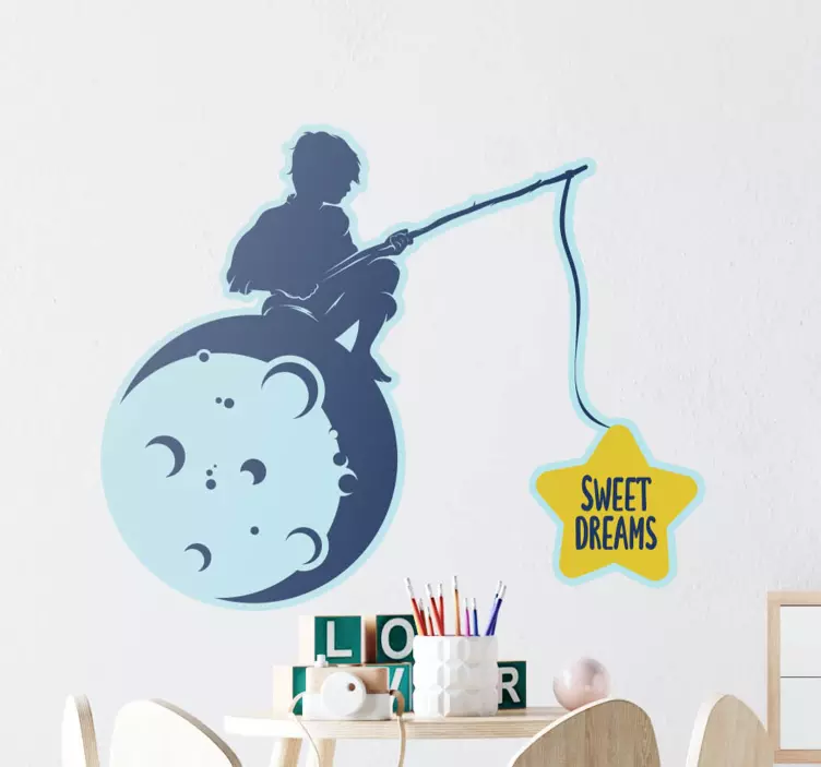 Kid's sticker child fishing moon - TenStickers
