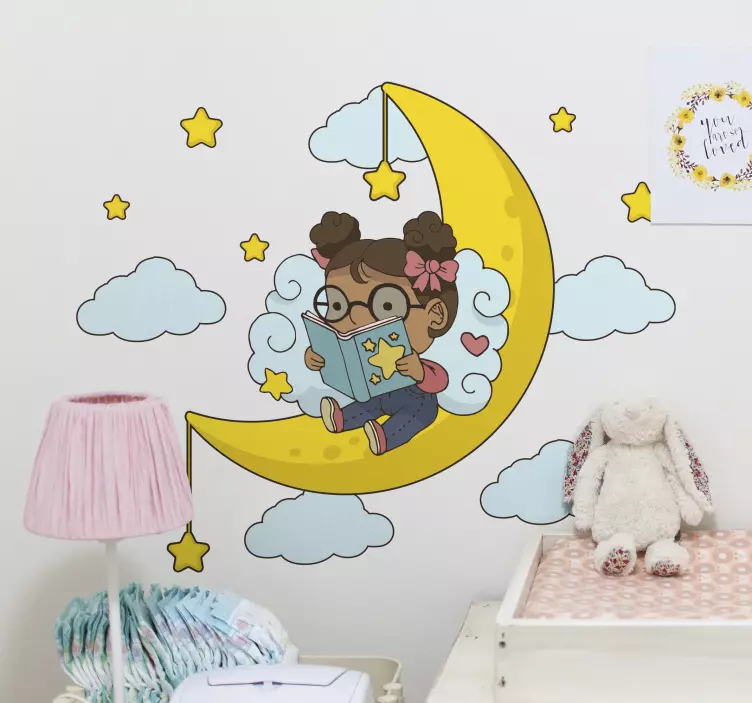 Kid's sticker child reading moon - TenStickers