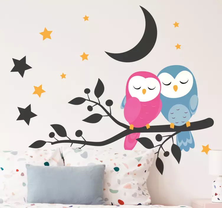 Kid's sticker cute owls night scene - TenStickers
