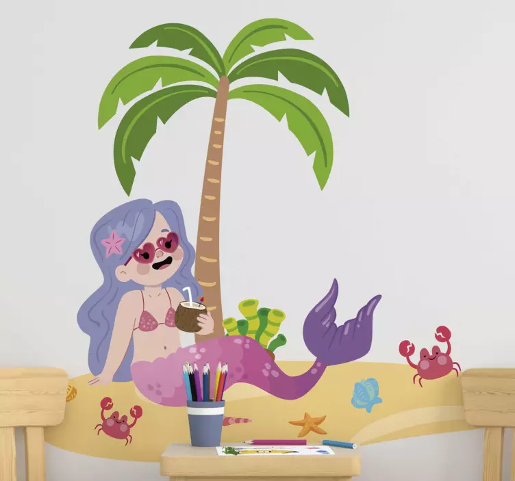 mermaid on the beach illustration sticker - TenStickers