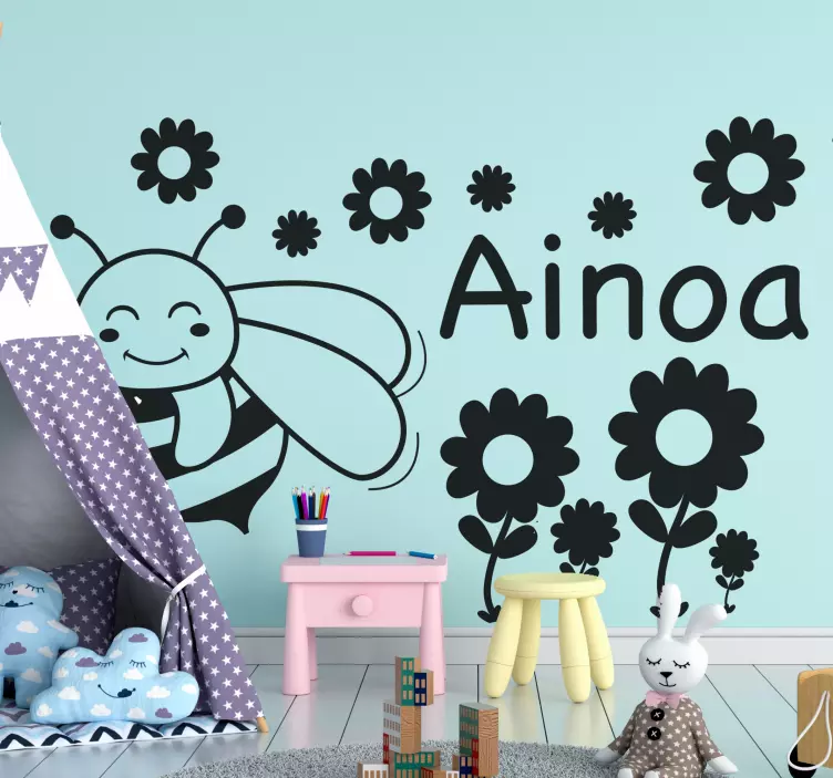 Name bee and flowers insect sticker - TenStickers