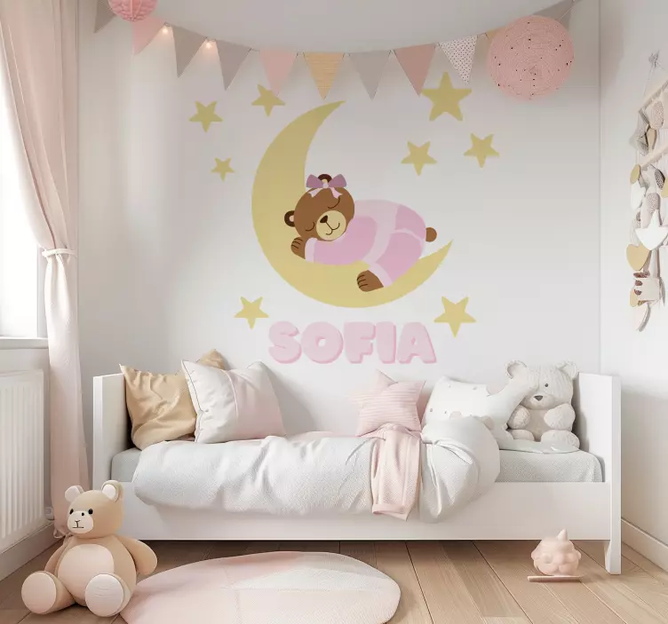Pink happy dreams bear with name sticker illustration - TenStickers