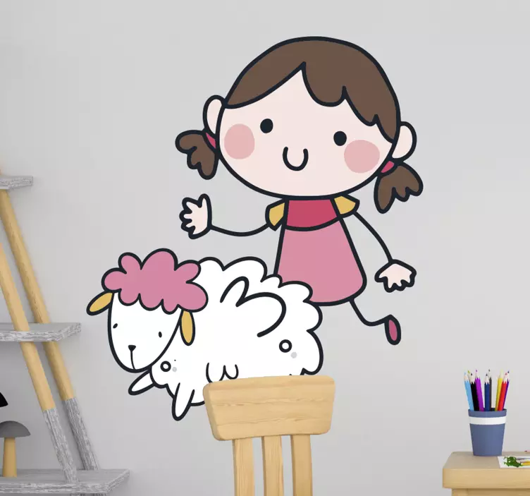Playful Girl and Sheep cat sticker - TenStickers