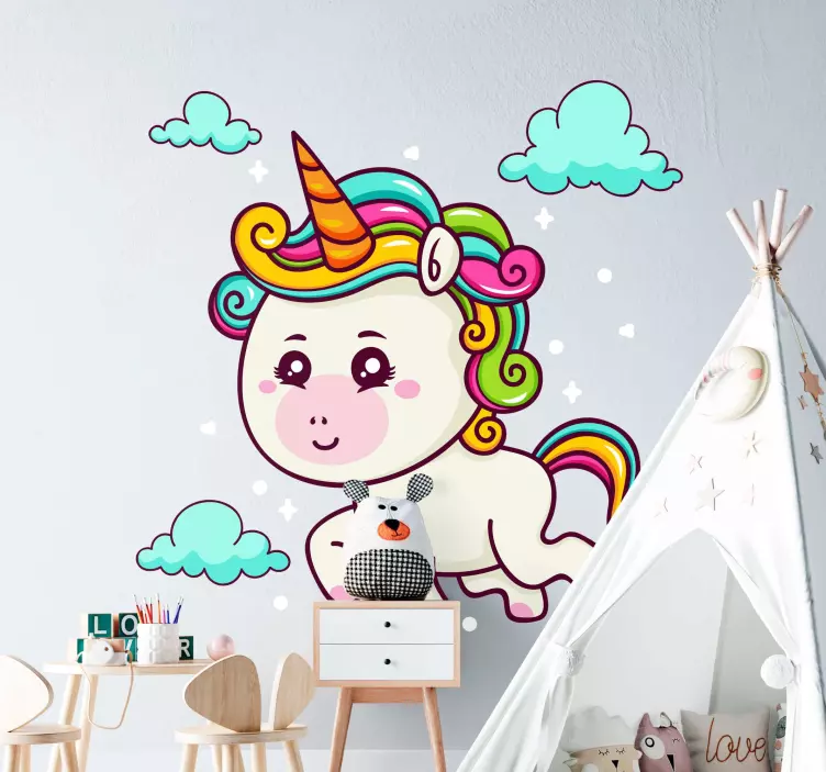 Playful Unicorn Clouds kid's sticker - TenStickers