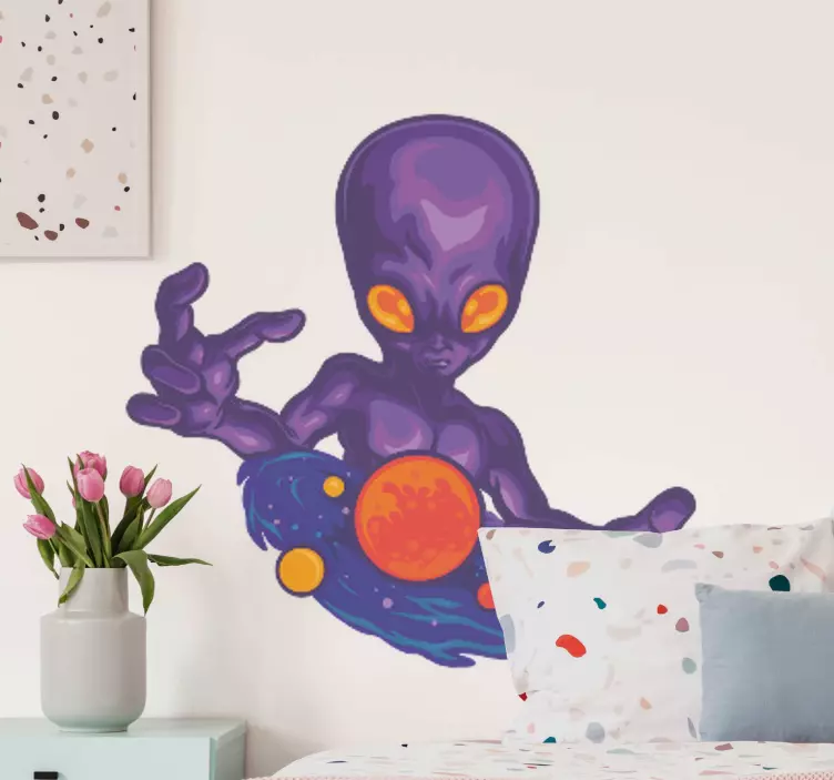 Purple Alien Holding Planets space sticker - TenStickers