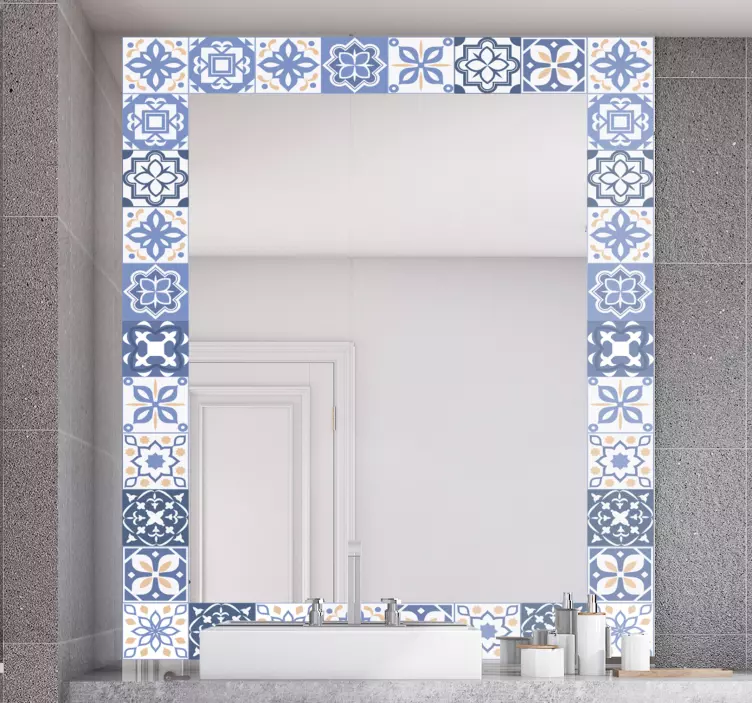 Blue tile frame design mirror sticker - TenStickers