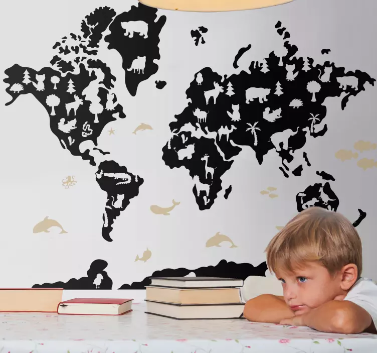 Black colour design world map decal for wall - TenStickers